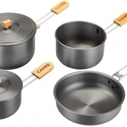 CAMPZ Set de cuisson en aluminium avec poignées en bambou, gris/marron