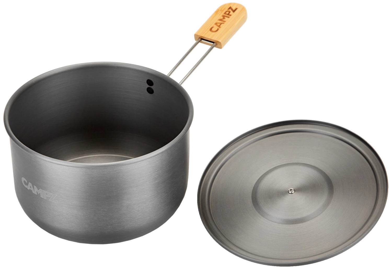 CAMPZ Set de cuisson en aluminium avec poignées en bambou, gris/marron 4 CAMPZ Set de cuisson en aluminium avec poignées en bambou, gris/marron – Image 2