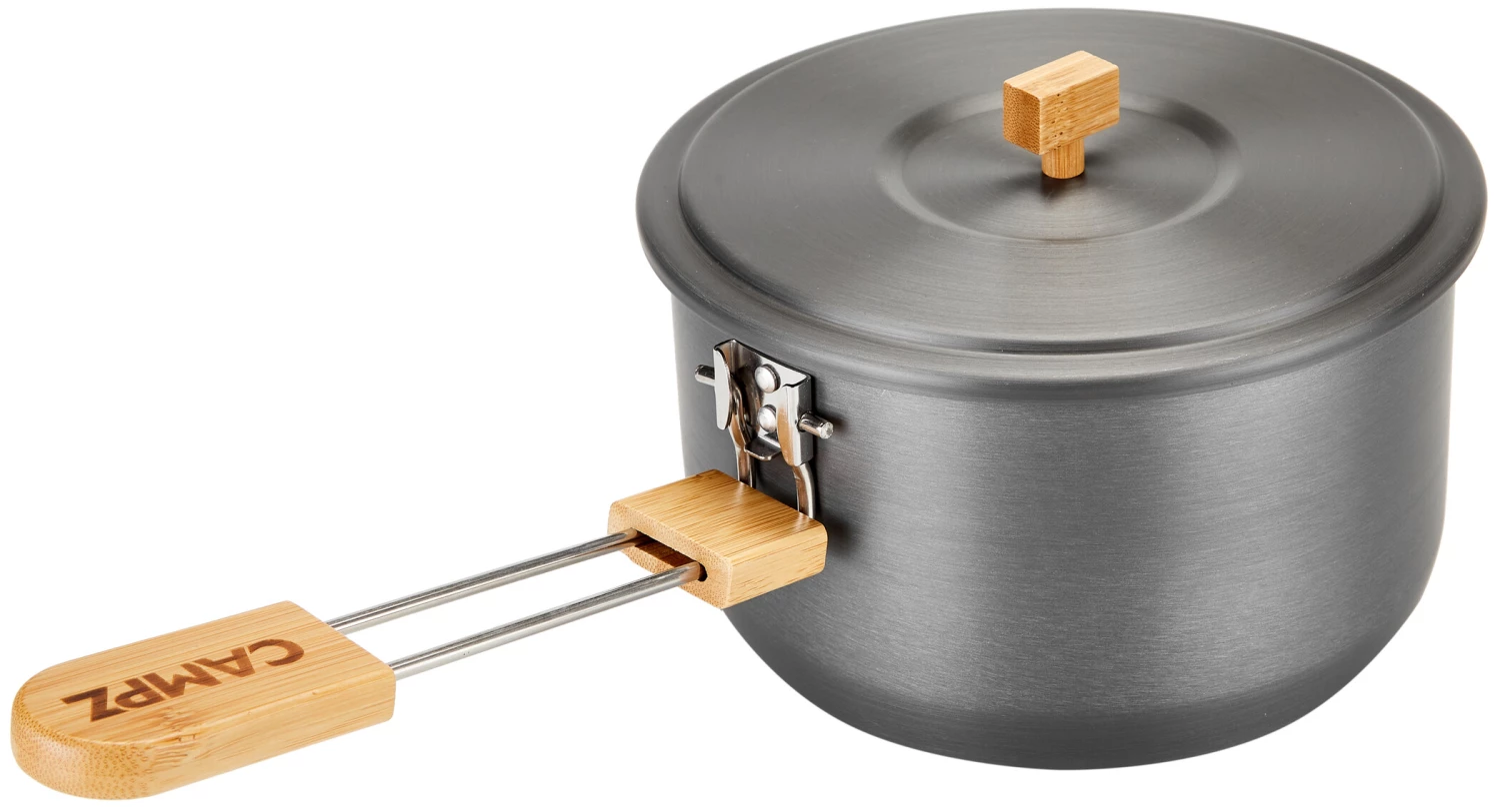 CAMPZ Set de cuisson en aluminium avec poignées en bambou, gris/marron 6 CAMPZ Set de cuisson en aluminium avec poignées en bambou, gris/marron – Image 4